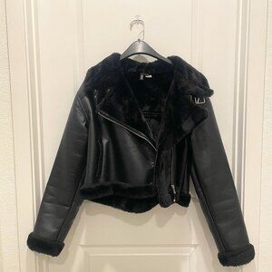Black Fur Lined Cropped Faux-Leather Biker Jacket